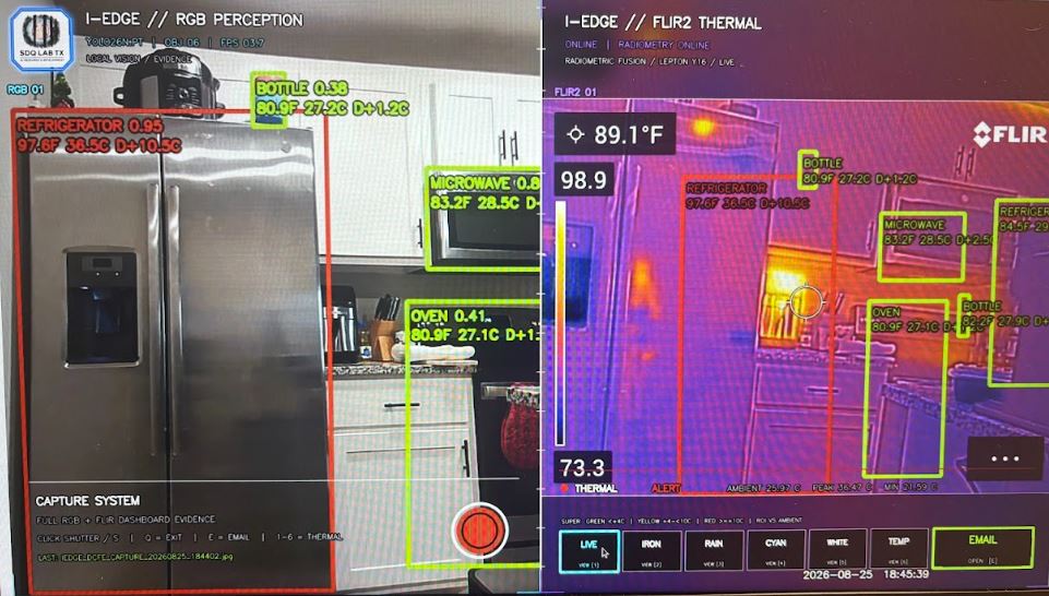 I-EDGE residential appliance inspection demonstration showing RGB perception and FLIR thermal views